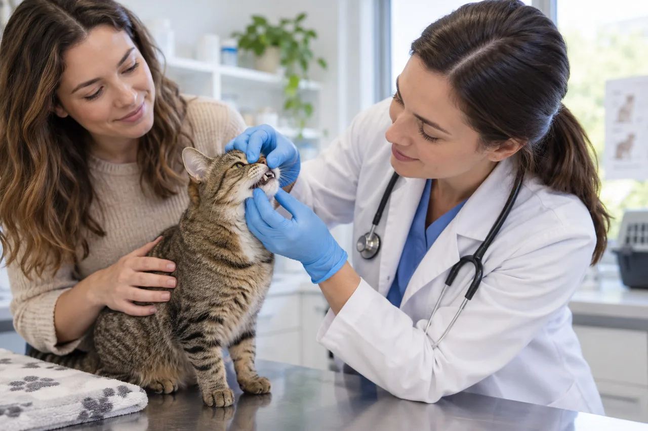 Veterinarian examining a cat with its owner present